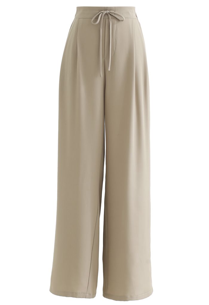 Drawstring High-Waisted Wide-Leg Pants in Sand
