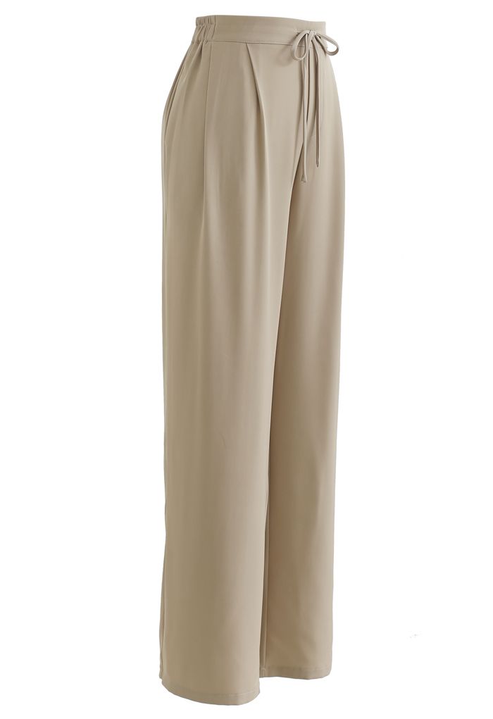 Drawstring High-Waisted Wide-Leg Pants in Sand