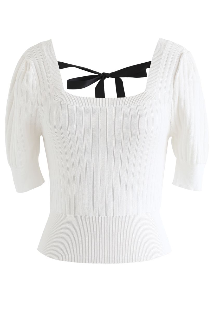 Square Neck Knot Tie Crop Knit Top in White