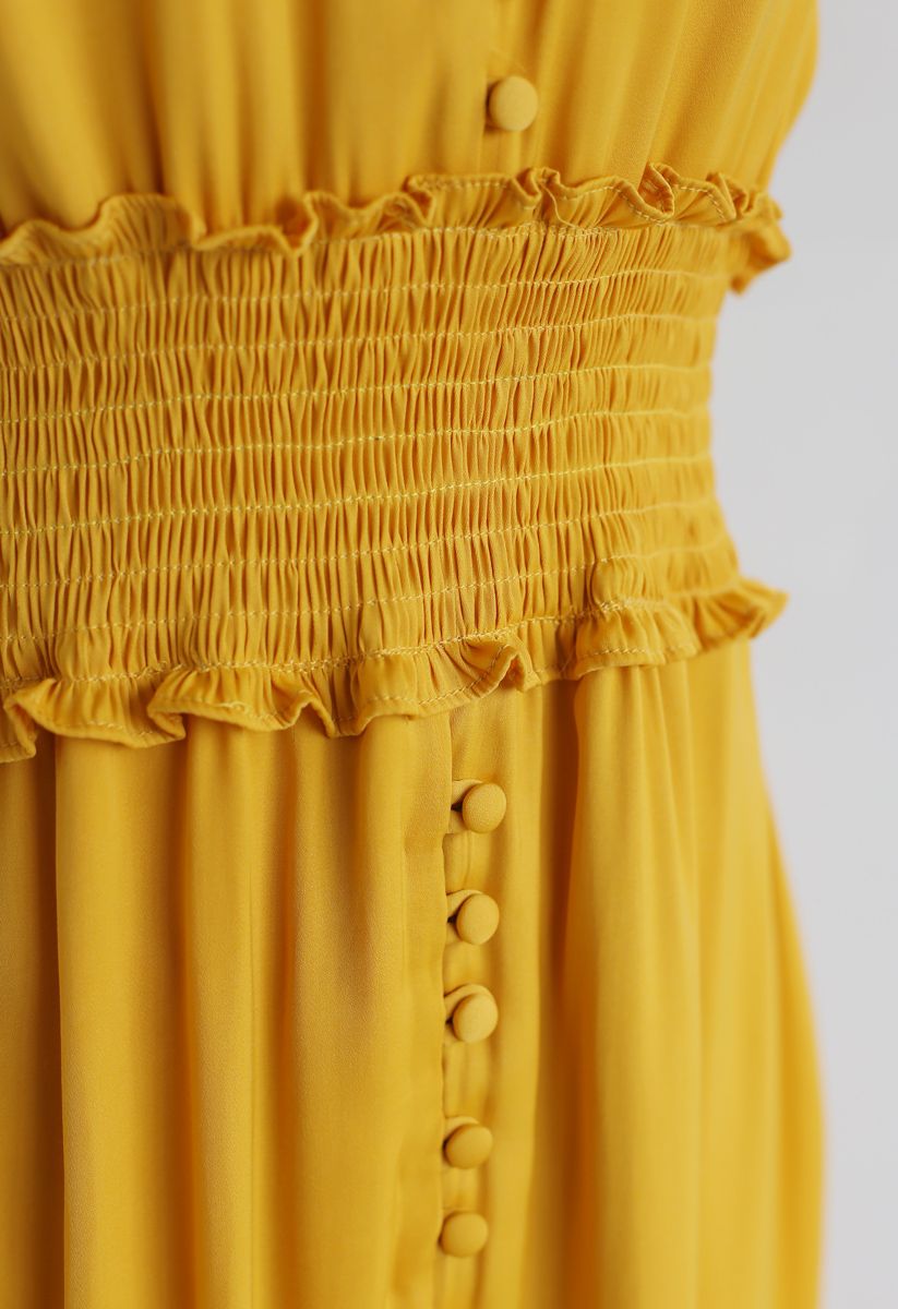 Shirred Button Down Ruffle Dress in Mustard