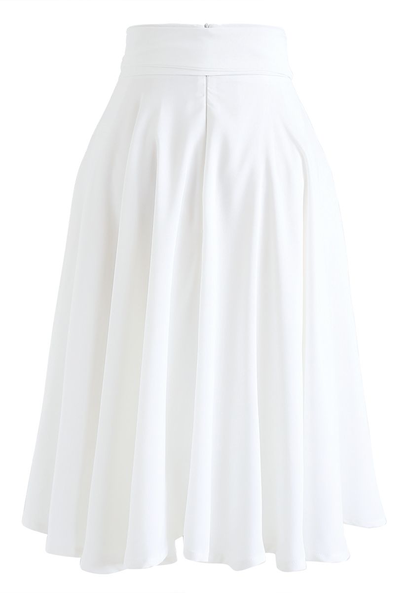 Flare Hem Bowknot Waist Midi Skirt in White
