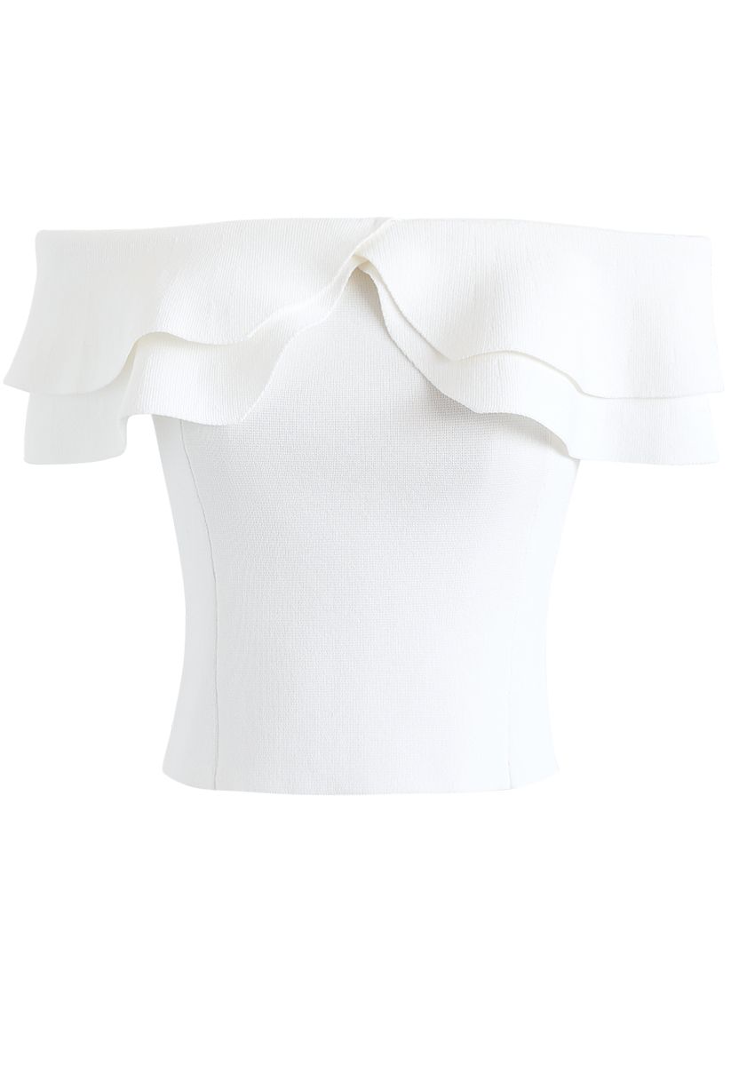 Off-Shoulder Tiered Cropped Knit Top in White