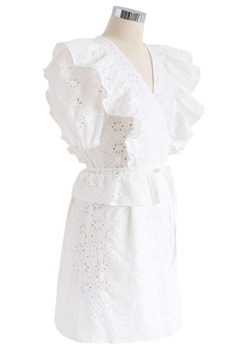 Zigzag Eyelet Floral Embroidered Wrap Dress