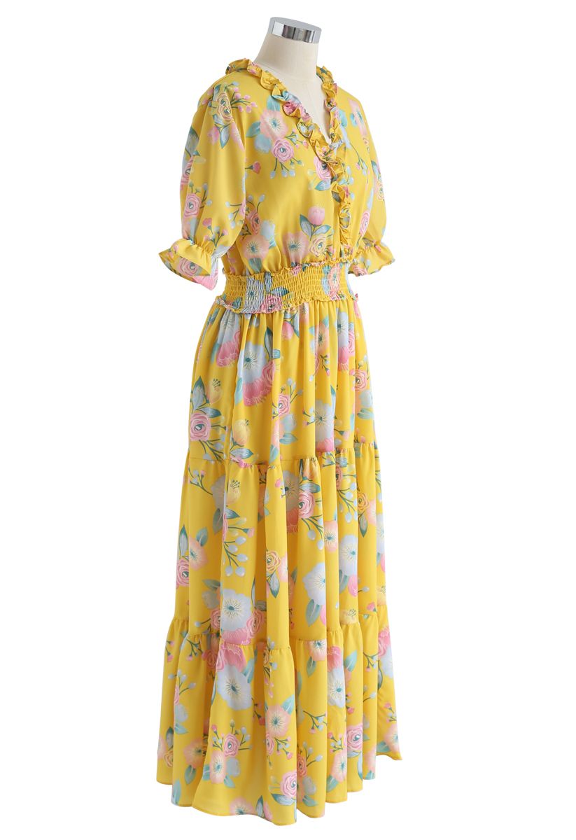 Full Blooming Floral Ruffle Wrapped Dress in Yellow