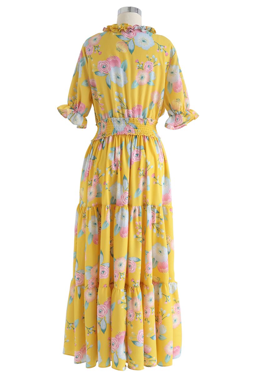 Full Blooming Floral Ruffle Wrapped Dress in Yellow