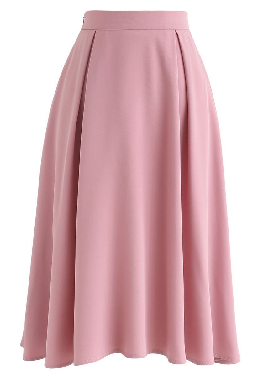 Side Zip Pleated A-Line Midi Skirt in Pink