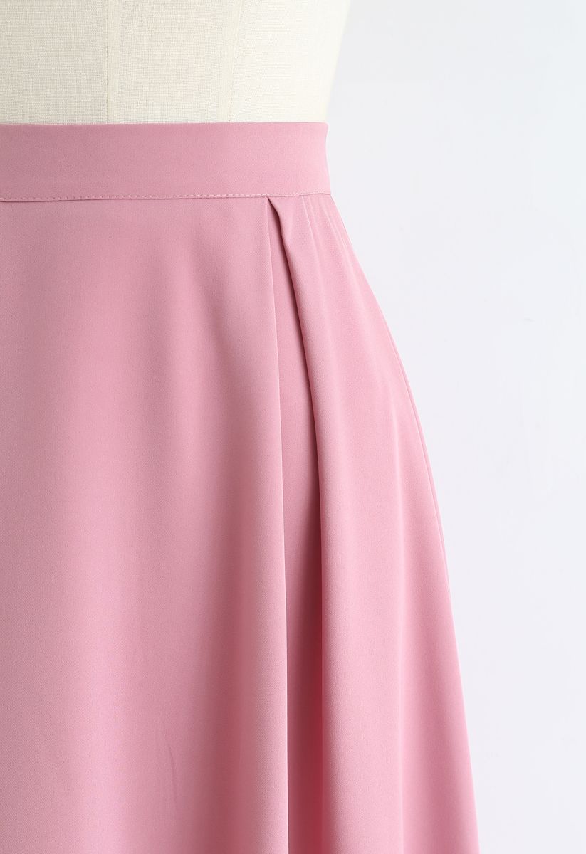 Side Zip Pleated A-Line Midi Skirt in Pink