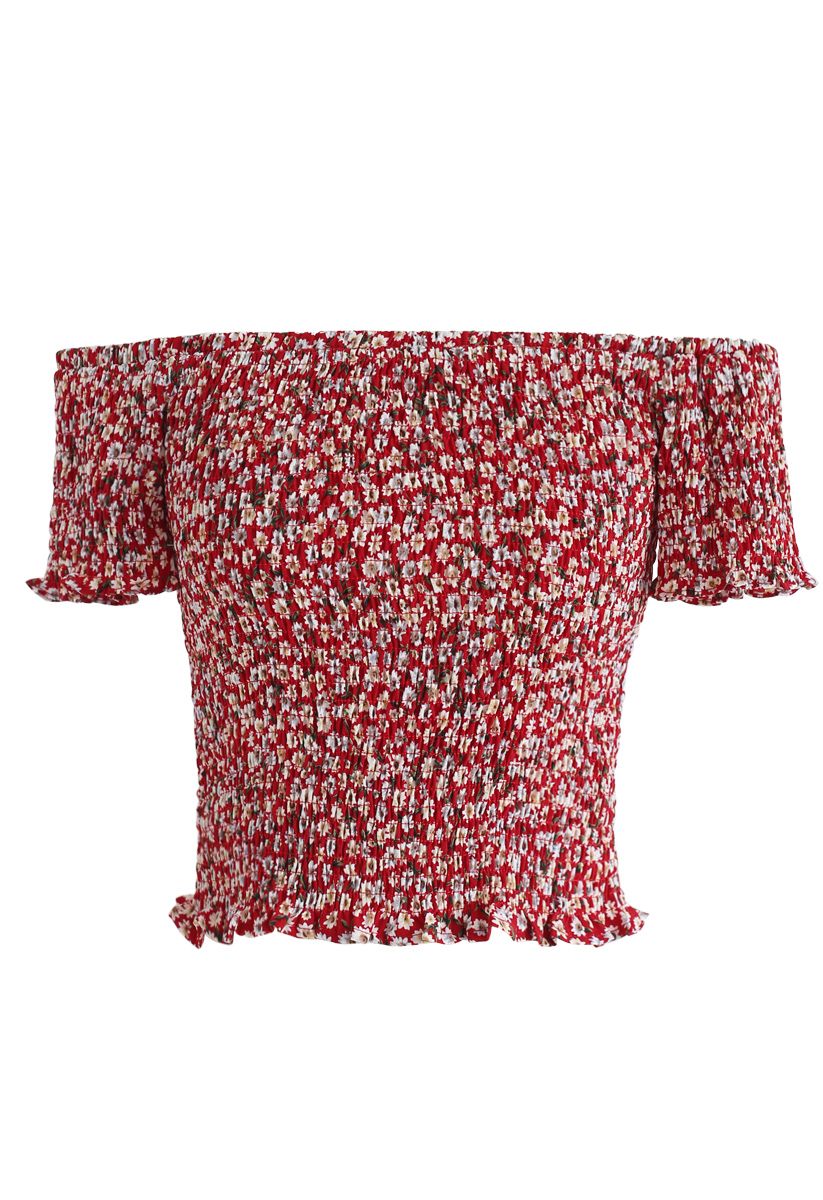 Floret Shirred Off-Shoulder Cropped Top in Red