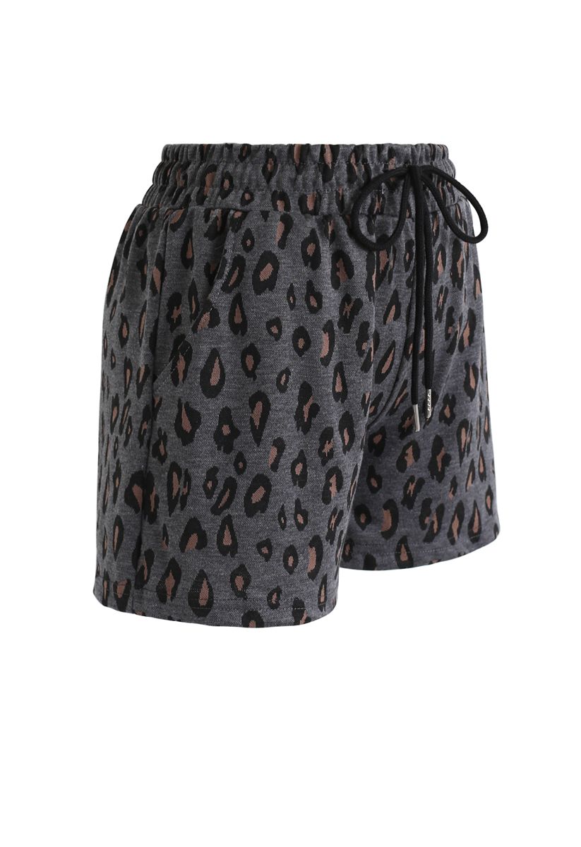 Leopard Print Drawstring Pockets Shorts in Smoke