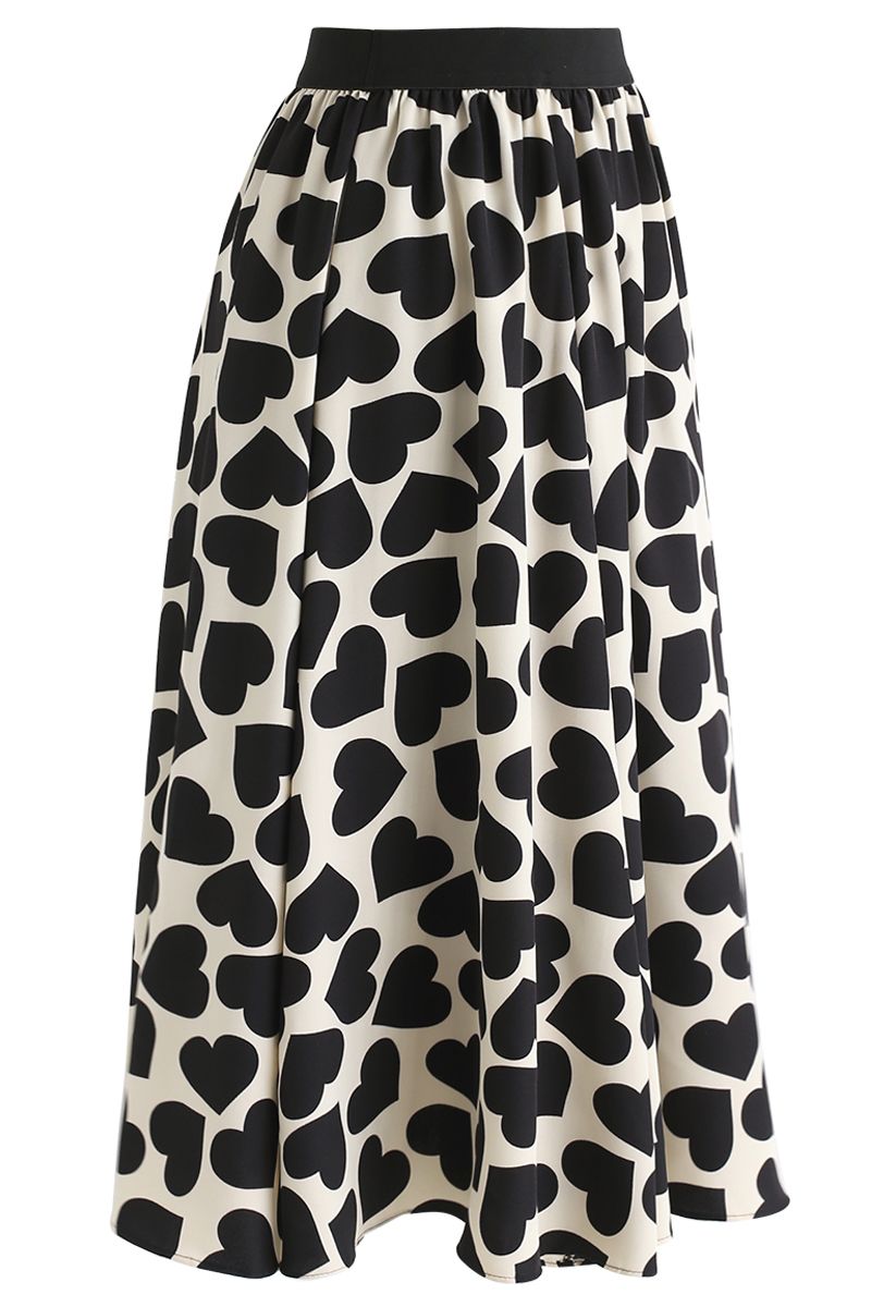 All-Over Black Heart Pattern Midi Skirt