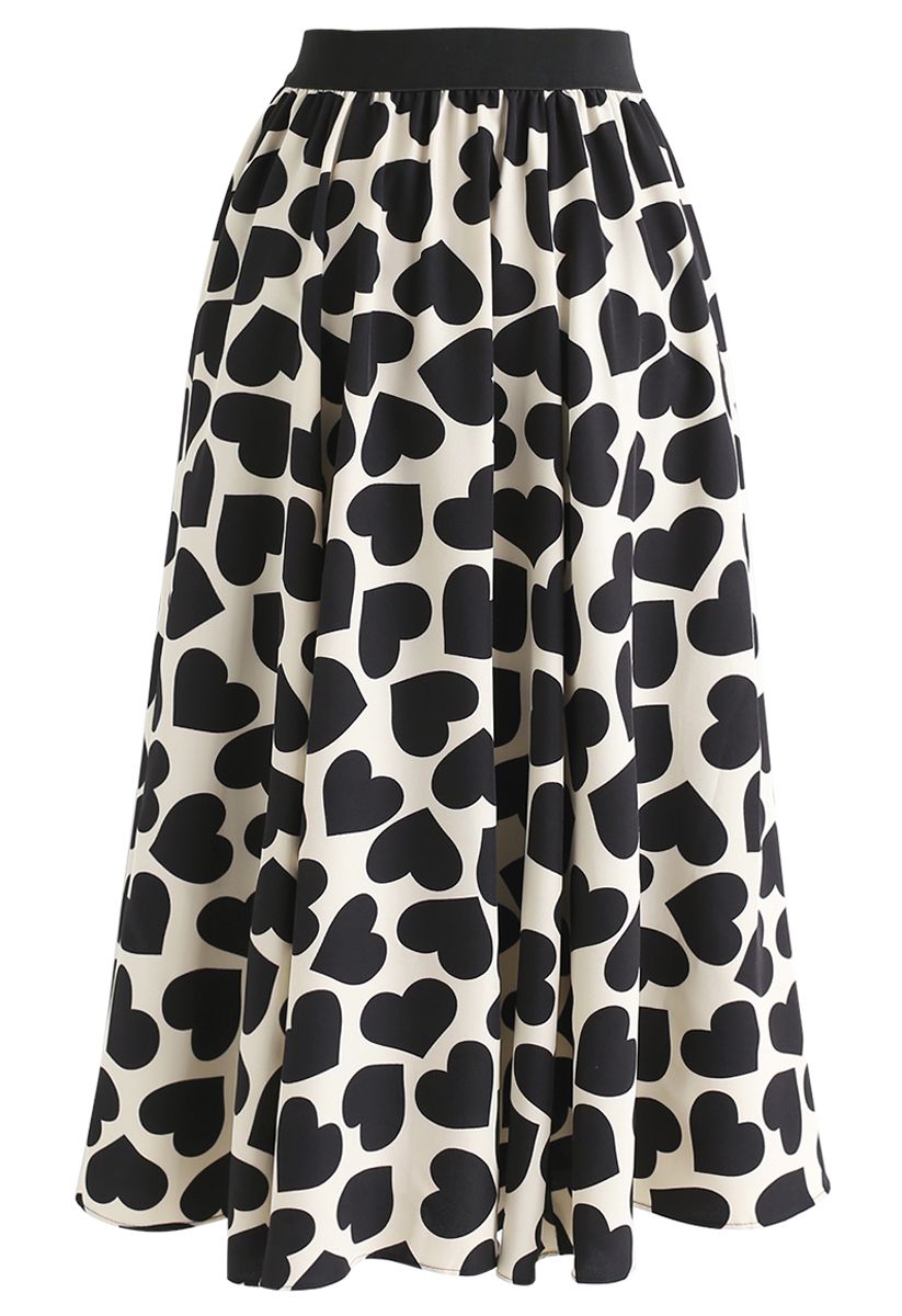 All-Over Black Heart Pattern Midi Skirt