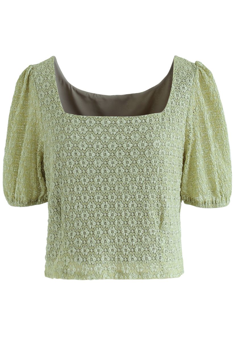 Airy Floret Crochet Square Neck Crop Top in Moss Green