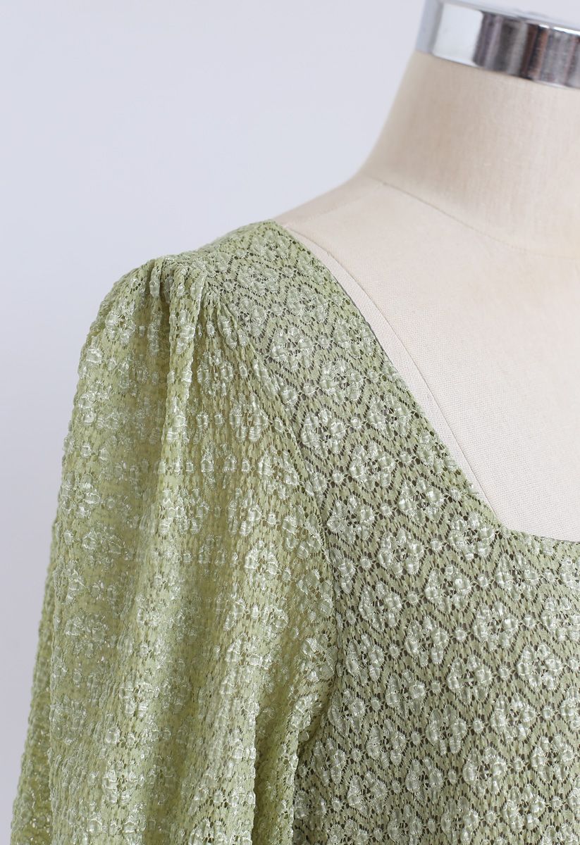 Airy Floret Crochet Square Neck Crop Top in Moss Green