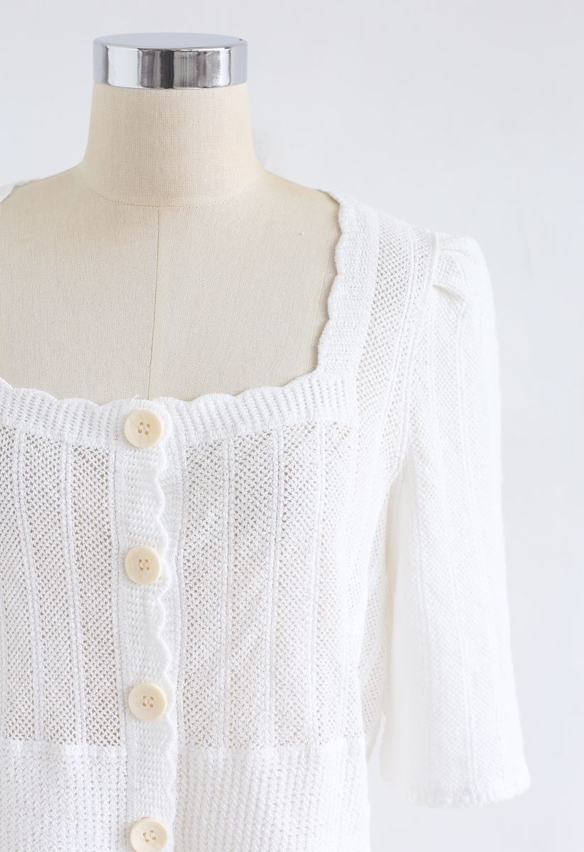 Open Knit Square Neck Button Down Crop Top in White