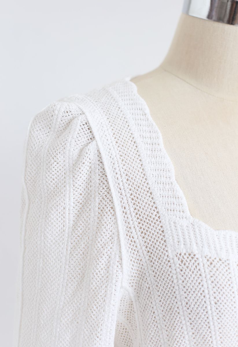 Open Knit Square Neck Button Down Crop Top in White