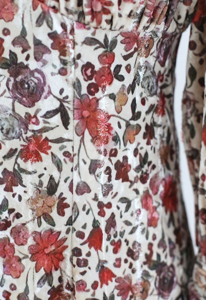 Keyhole Front Puff Sleeves Floral Velvet Dress