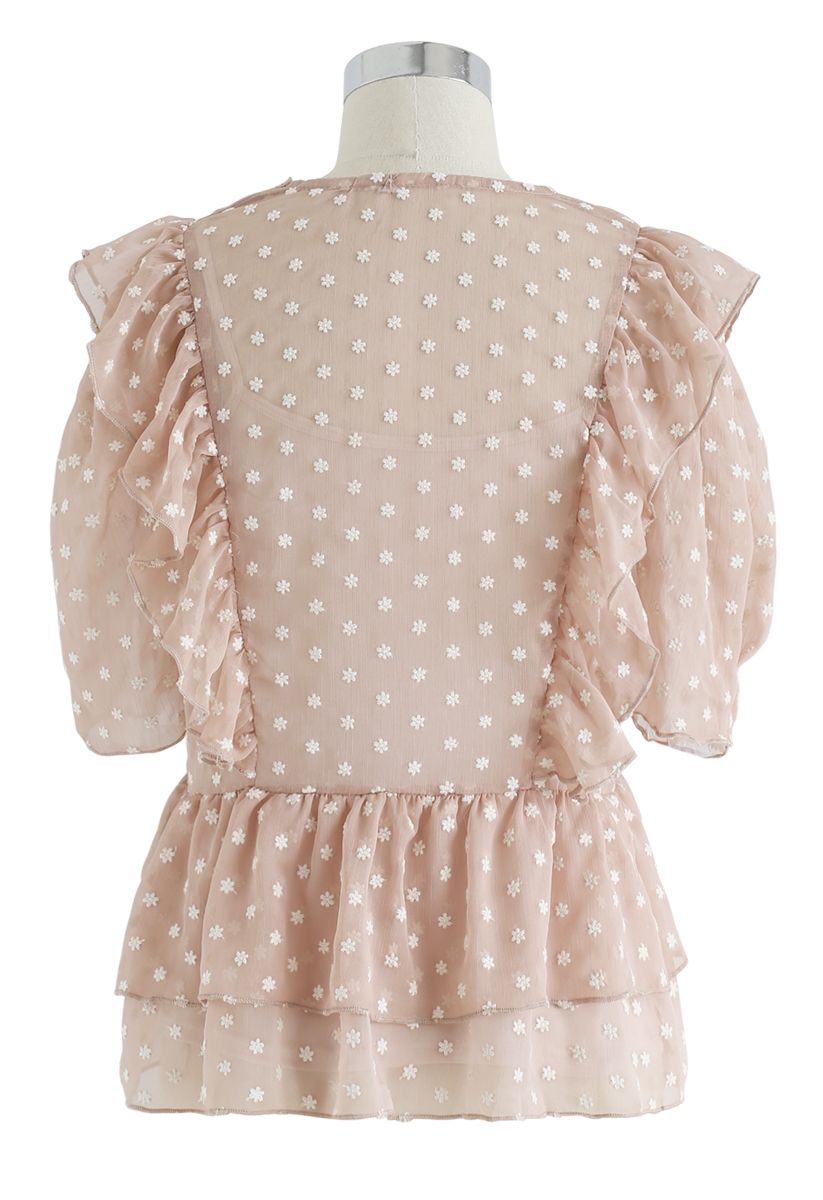 Floret Embroidery Ruffle Sheer Top in Nude Pink