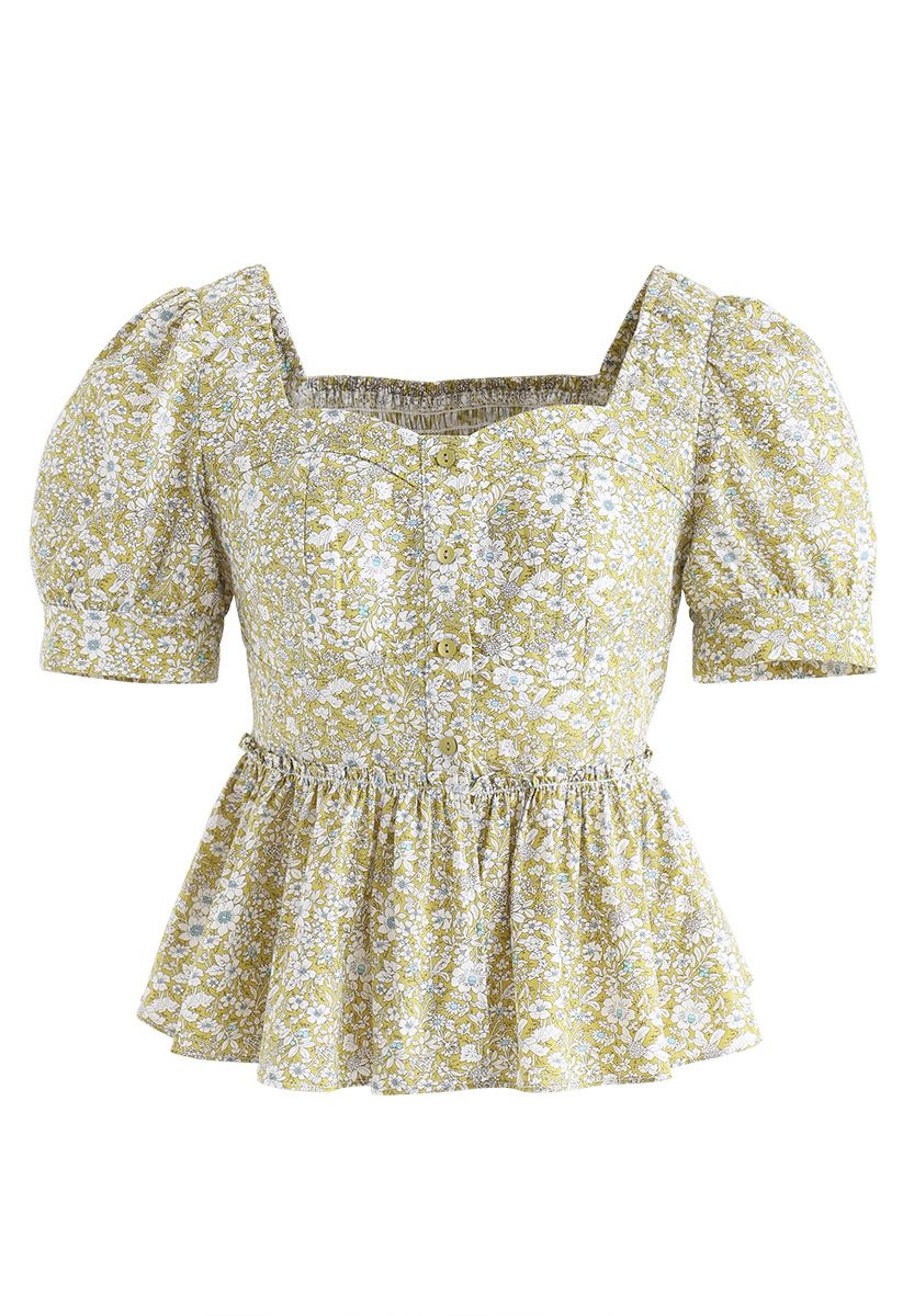 Lace-Up Shirred Ditsy Floral Ruffle Top in Pistachio
