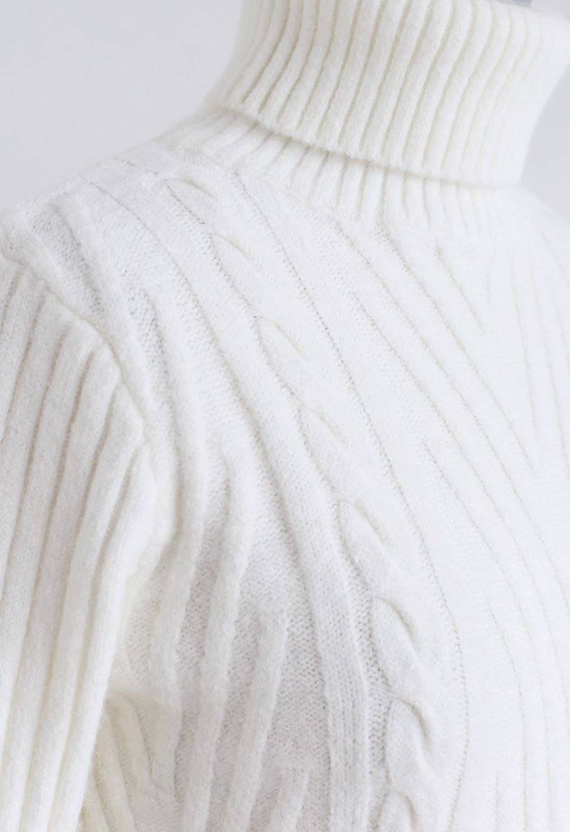 Turtleneck Braid Frilling Knit Dress in White