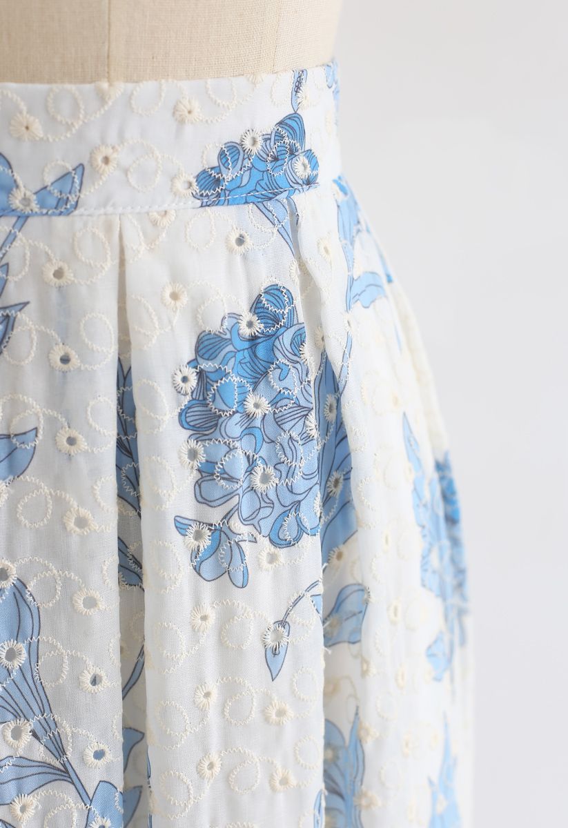 Blue Floral Printed Eyelet Embroidered 