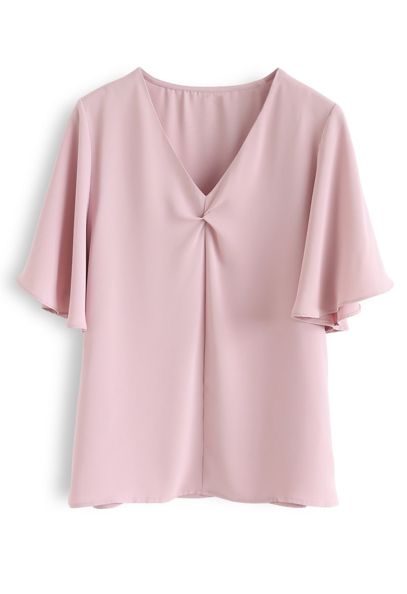 Flare Sleeves Front Twisted Top in Pink