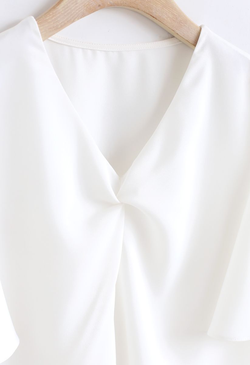 Flare Sleeves Front Twisted Top in White