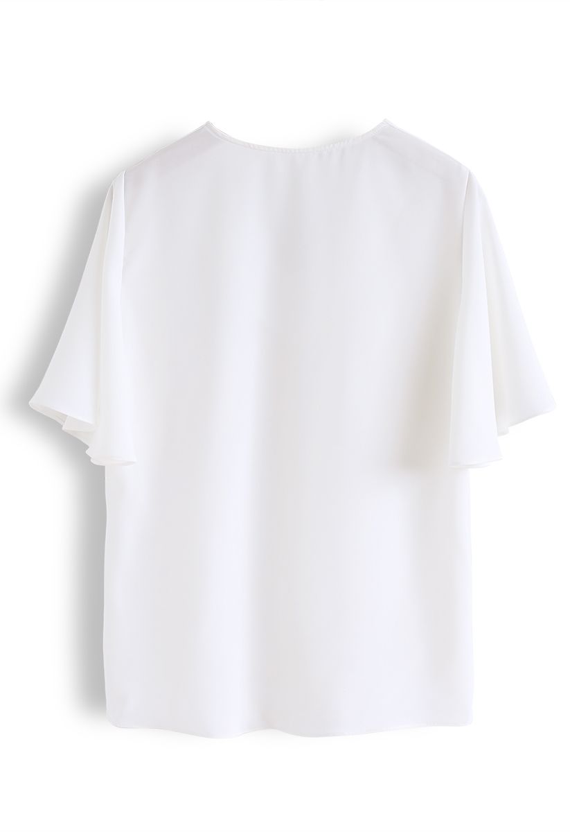 Flare Sleeves Front Twisted Top in White