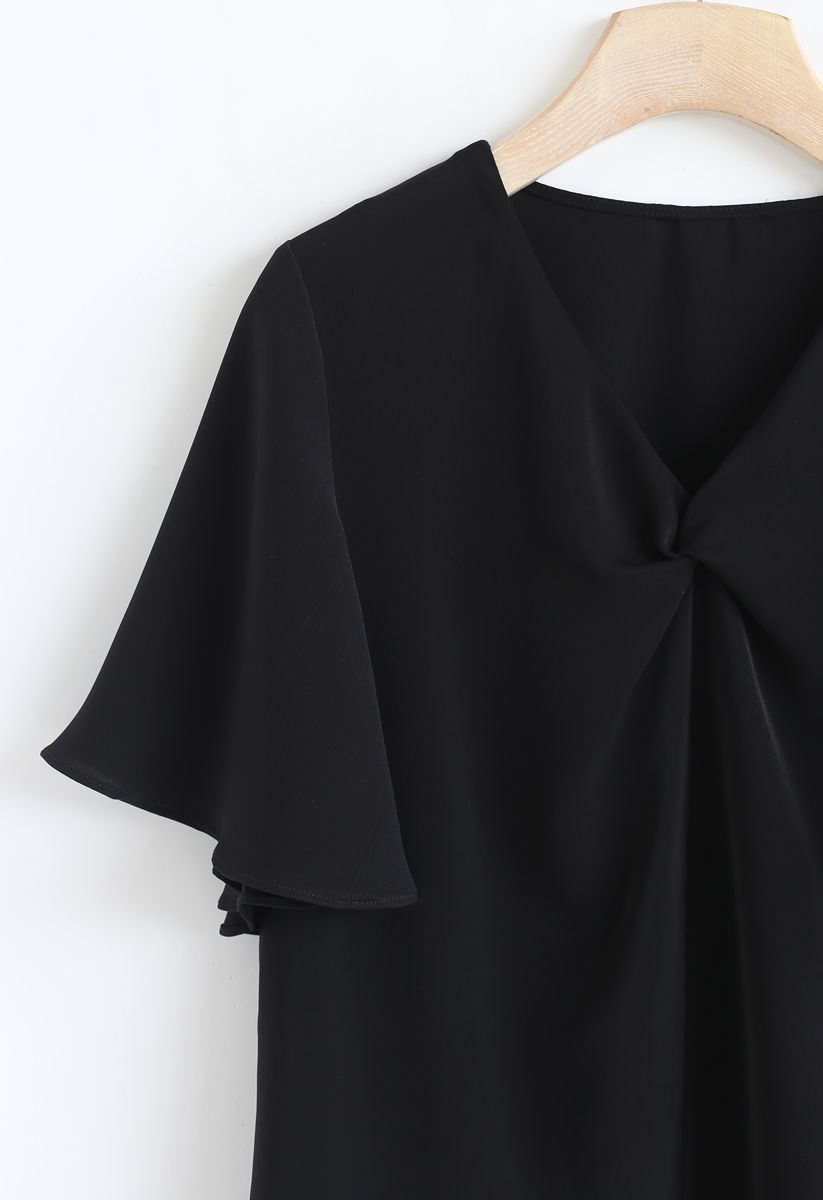 Flare Sleeves Front Twisted Top in Black
