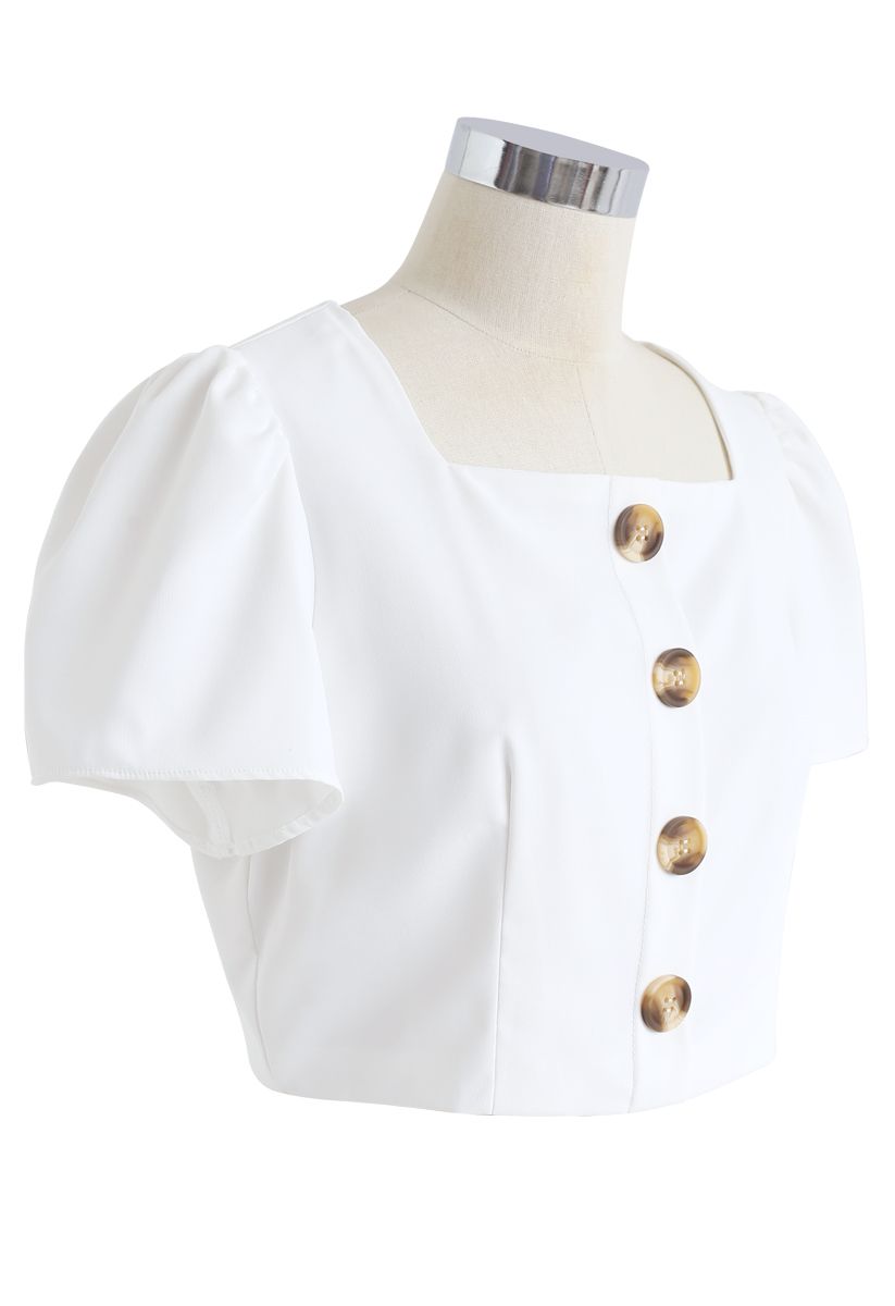 Square Neck Buttoned Cropped Top in White