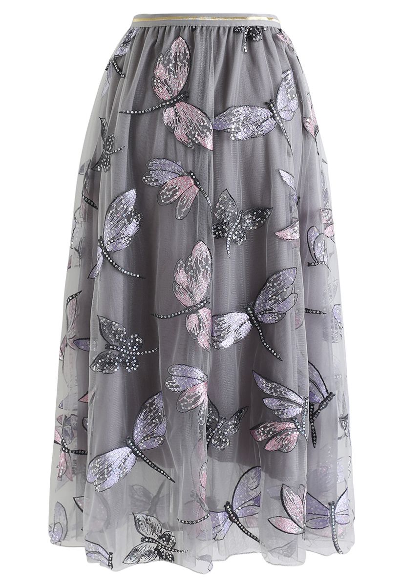 Sequin Dragonfly Embroidery Mesh Tulle Skirt in Grey