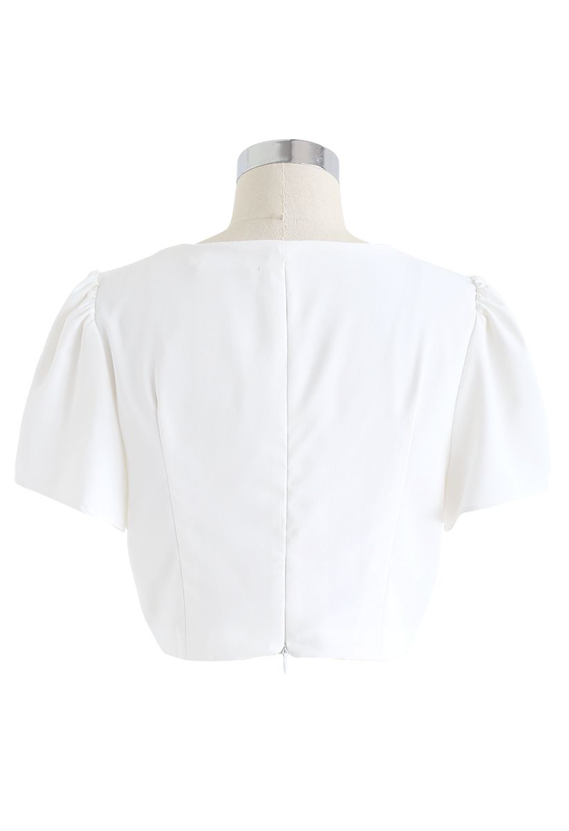 Square Neck Buttoned Cropped Top in White