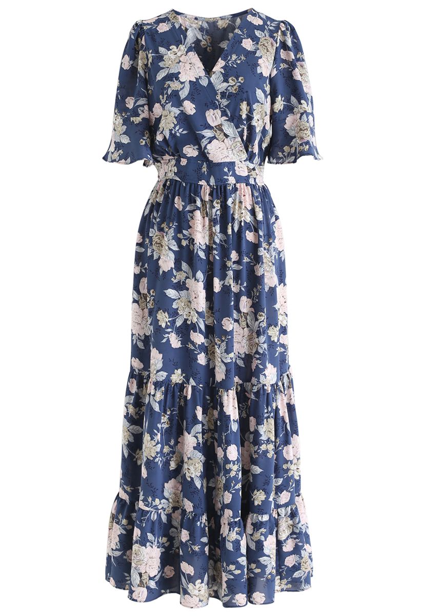 Demure Floral Print Wrapped Maxi Dress in Navy