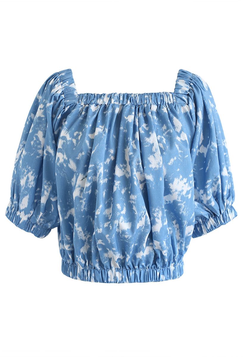 Tie-Dye Square Neck Puff Sleeves Top in Light Blue