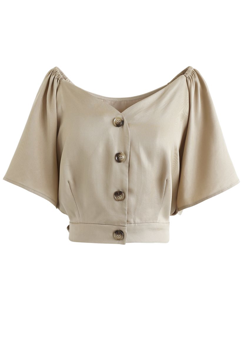 Horn Button Sweetheart Neck Bowknot Crop Top in Tan