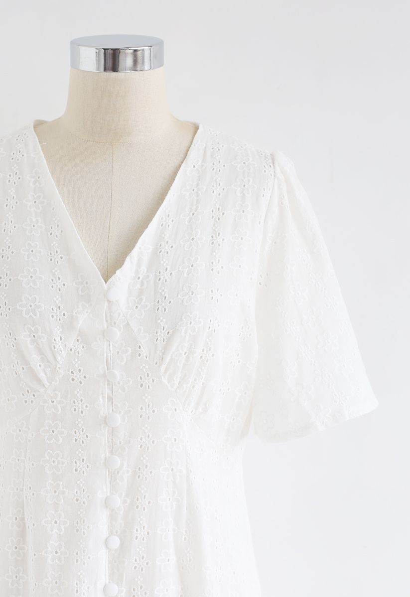 Eyelet Embroidery Button Down Dress in White