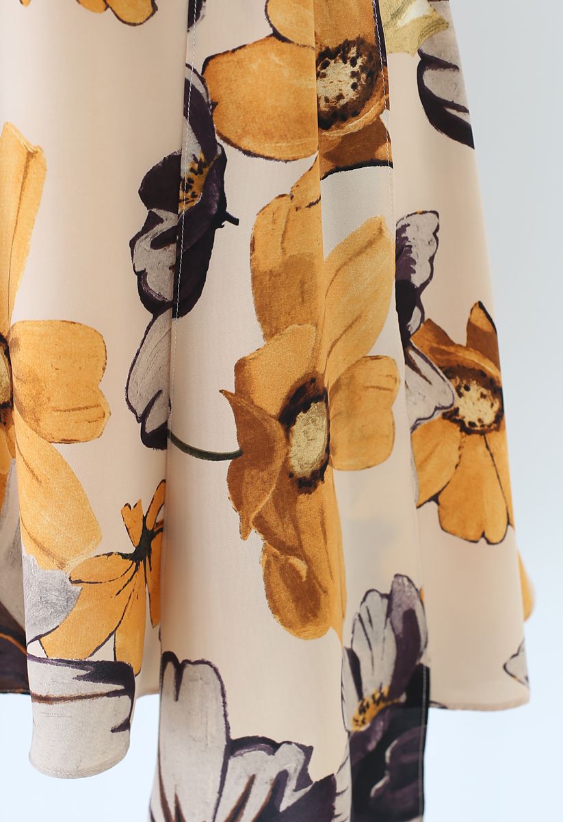 Yellow Floral Print Watercolor Wrap Midi Dress
