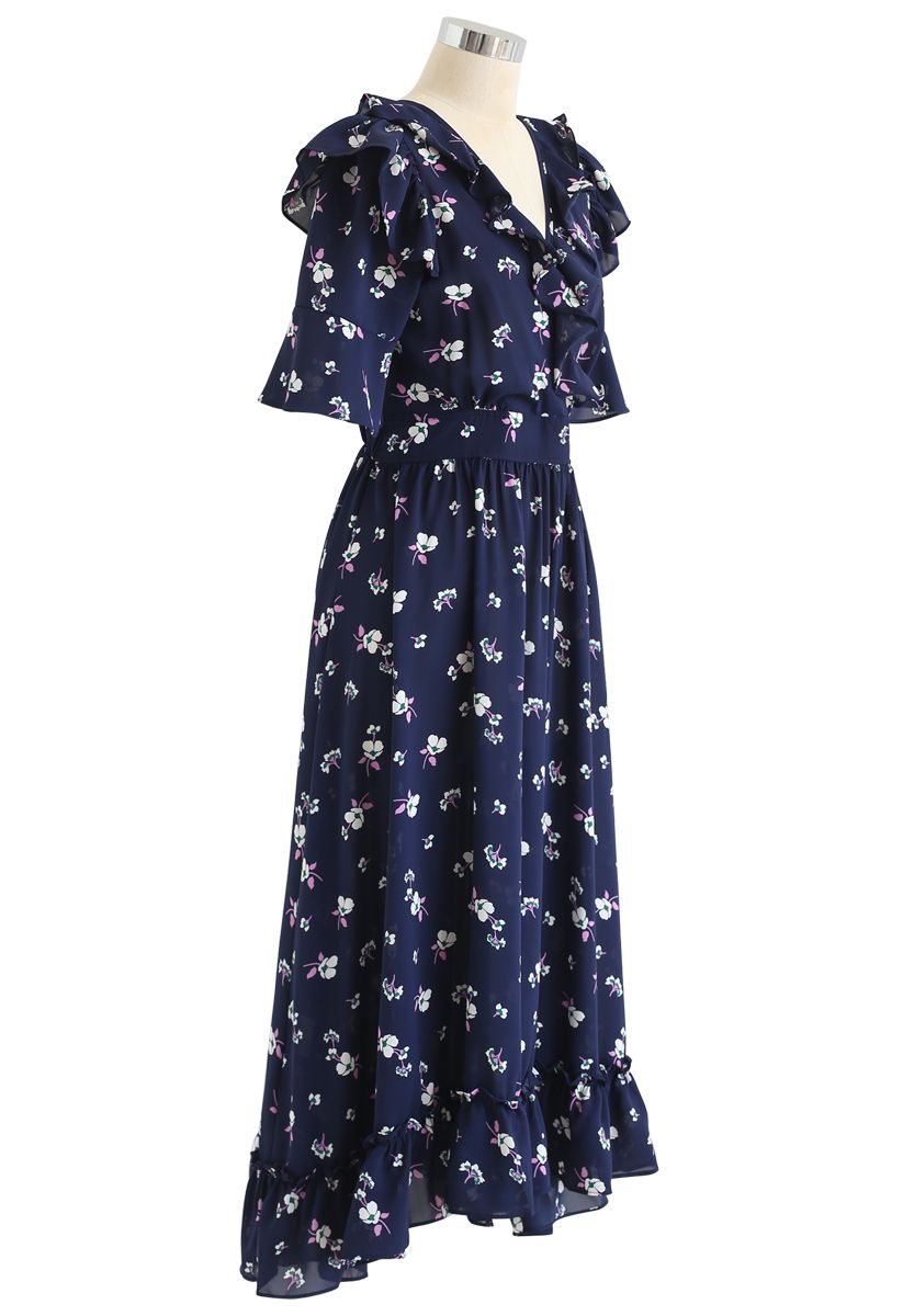Aflutter Bouquets Print Wrap Maxi Dress in Navy