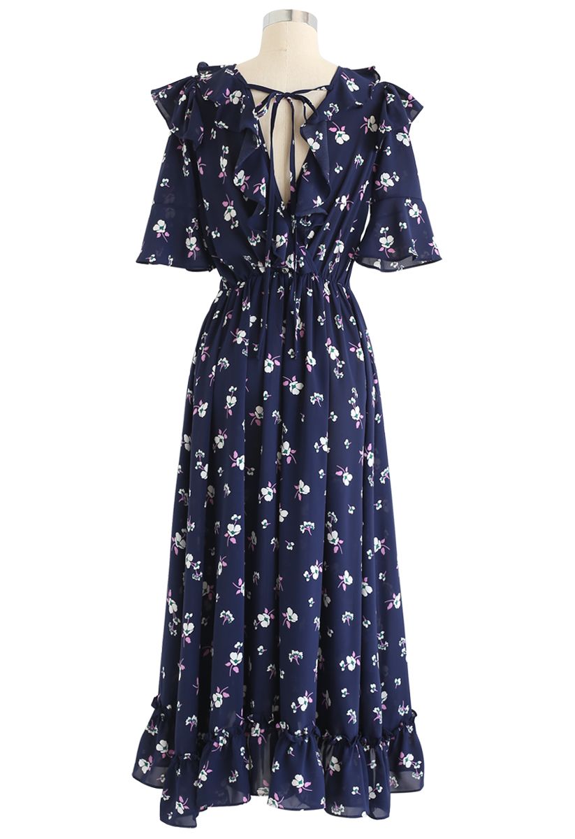 Aflutter Bouquets Print Wrap Maxi Dress in Navy
