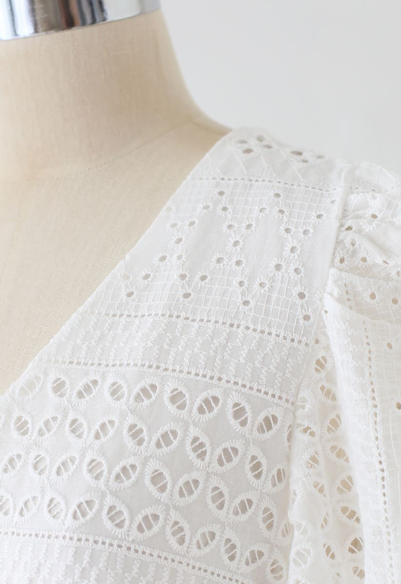 Geo Eyelet Embroidered Button Down V-Neck Midi Dress in White
