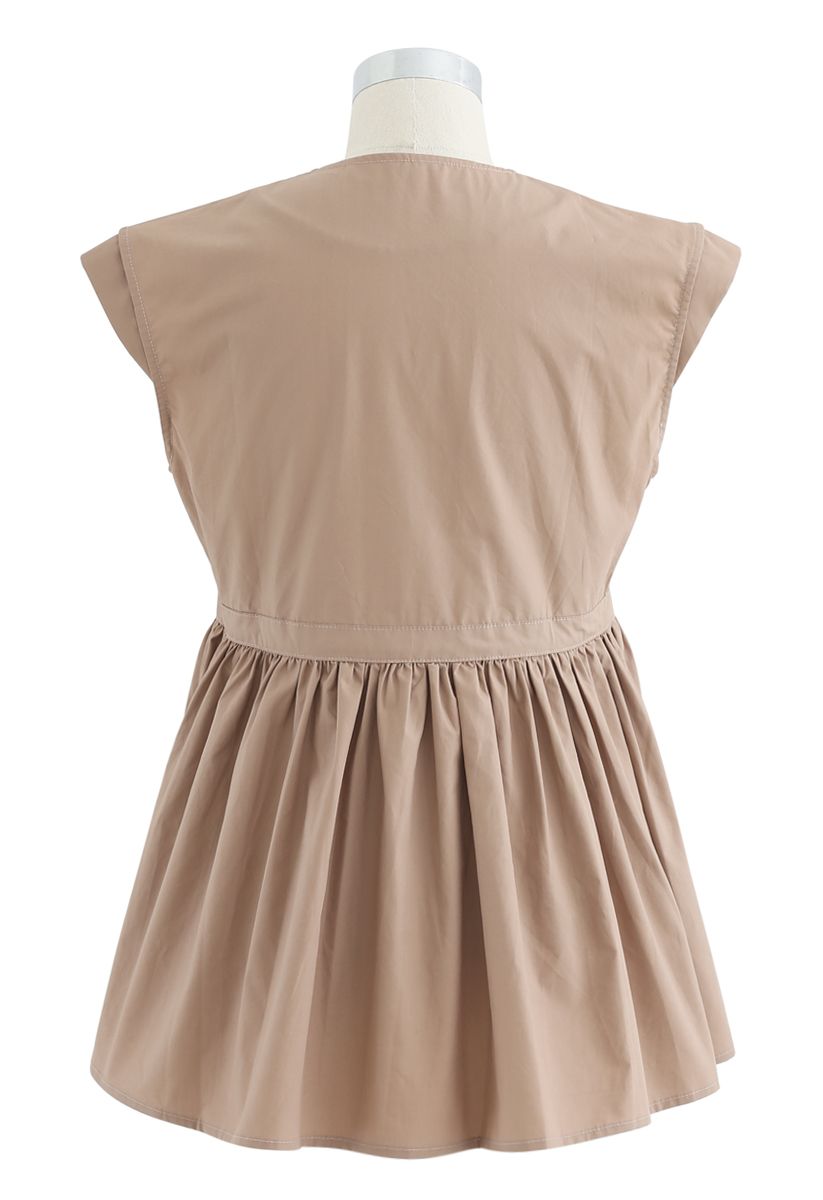Cotton Sleeveless Wrapped Peplum Top in Camel