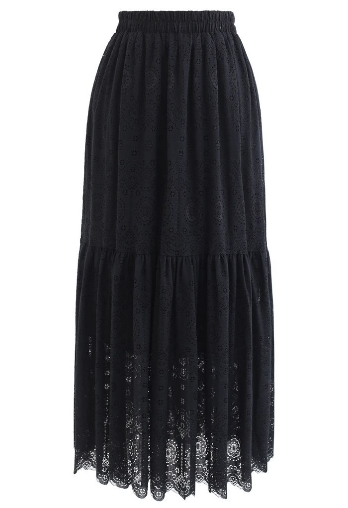 Frill Hem Full Floral Lace Midi Skirt in Black