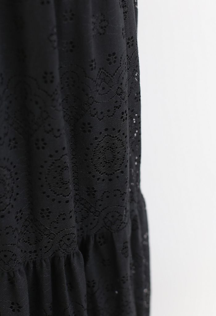 Frill Hem Full Floral Lace Midi Skirt in Black