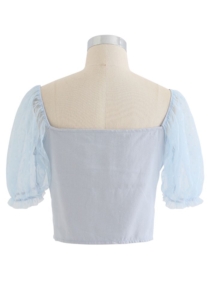 Lace Sleeves Spliced Button Down Crop Top in Dusty Blue