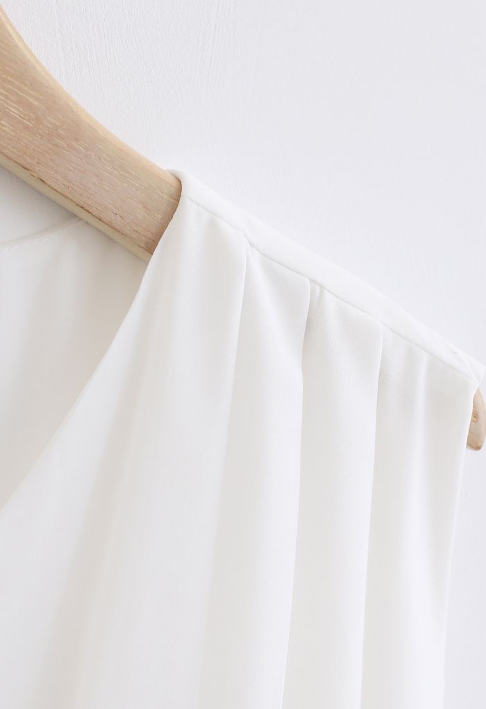 Sleeveless V-Neck Pleated Chiffon Top in White