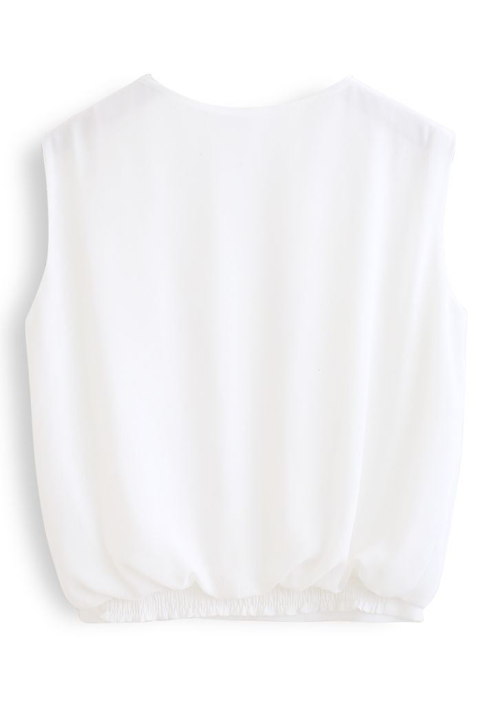 Sleeveless V-Neck Pleated Chiffon Top in White