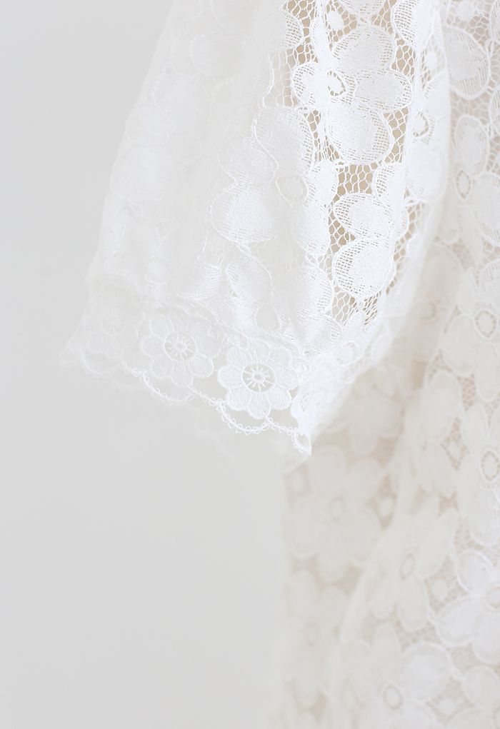 Flower-Covered Lace Top in White