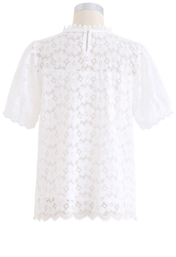 Flower-Covered Lace Top in White