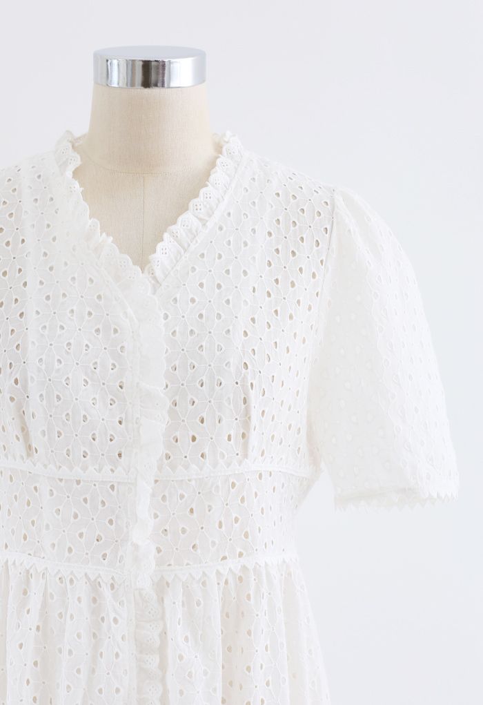 Ruffle Embroidered Button Down Eyelet Dress in White