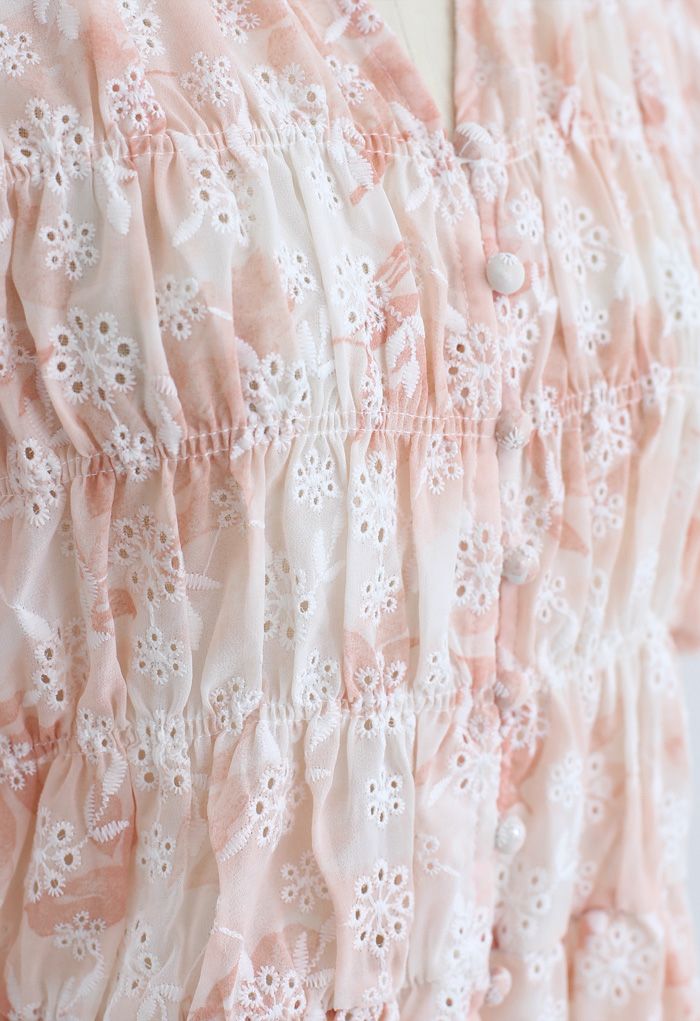 Floral Print Bubble Sleeves Button Down Chiffon Top in Peach