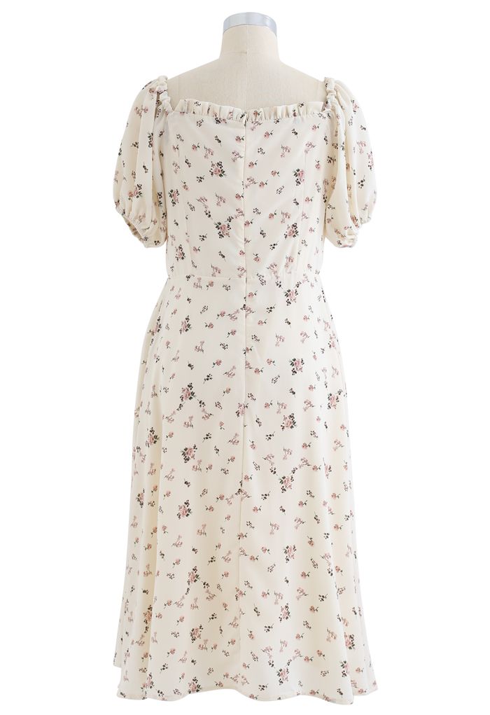 Sweetheart Neck Ditsy Floral Ruffle Midi Dress in Ivory